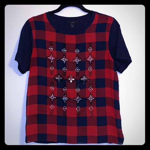J.Crew navy & red buffalo check sequin top - Picture 1 of 4